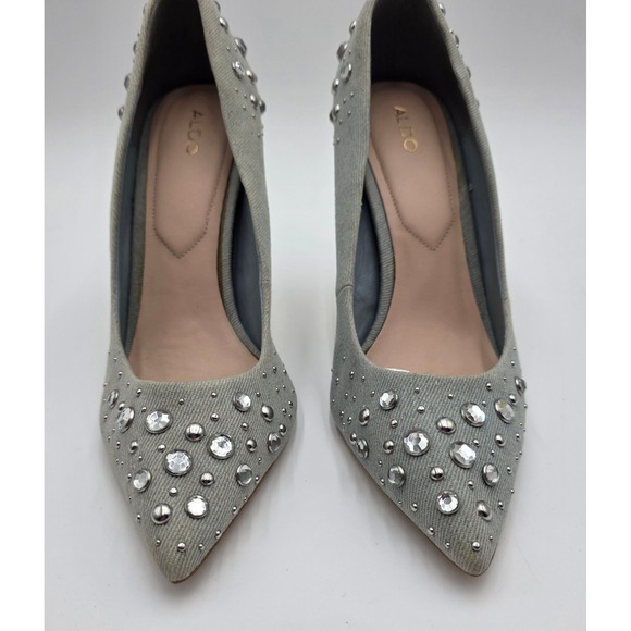 Aldo Light Wash Denim Rhinestone Studded Pointed Toe Stiletto Pumps Size 8.5 - Picture 9 of 9